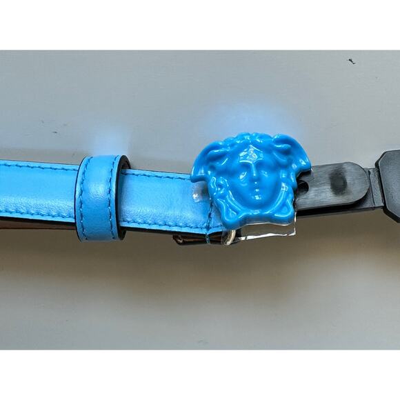 NIB $425 Versace Medusa-Buckle Blue Slim Leather Belt 85 (34) IT DCDI145